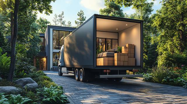 Lastbil parkerad framför ett hus med öppet bak som visar att det gjorts en hustömning inför en flytt.